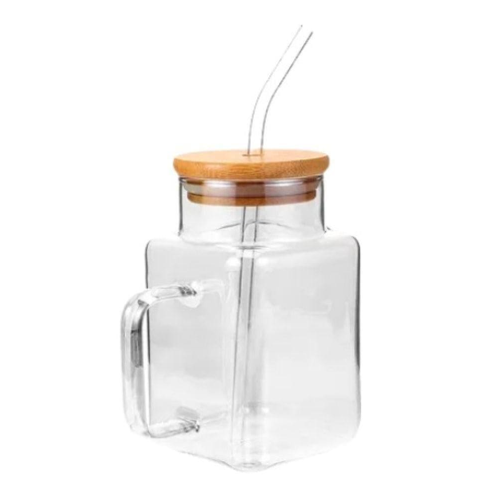 Copo de Vidro com Tampa de bambu e Canudo 560 ml-  Quanhe