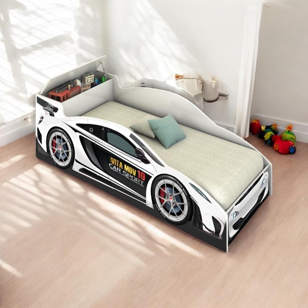 Cama Solteiro Carro com Baú Branca