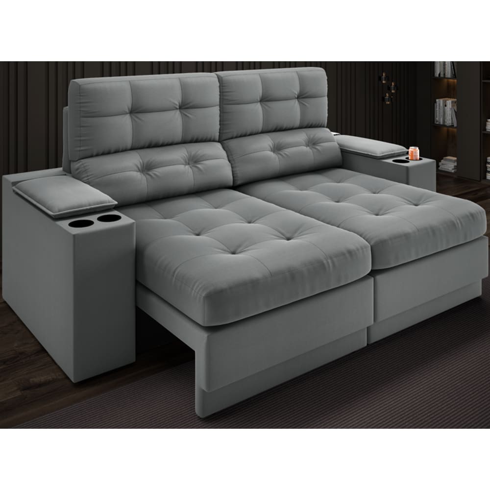 Sofá com Porta Copos e Carregador USB Eureka 1,70m Assento Retrátil e Reclinável Velosuede - NETSOFAS