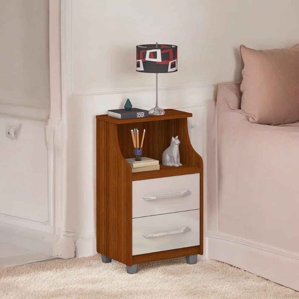 Mesa de Cabeceira com 02 Gavetas Topázio Cinamomo e Off