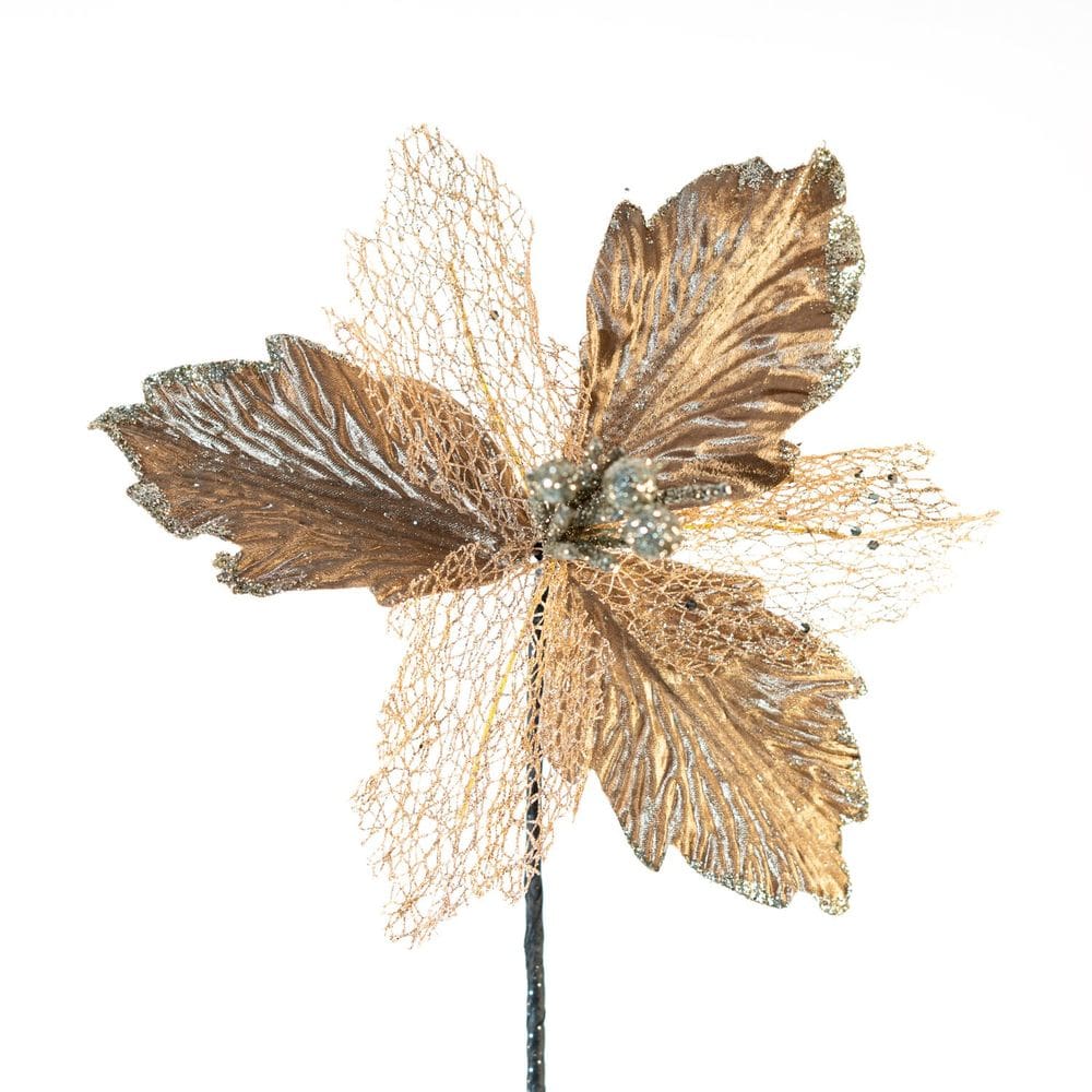 Kit 8 Flor Dourada Decoração Natal Artificial Glitter 30cm