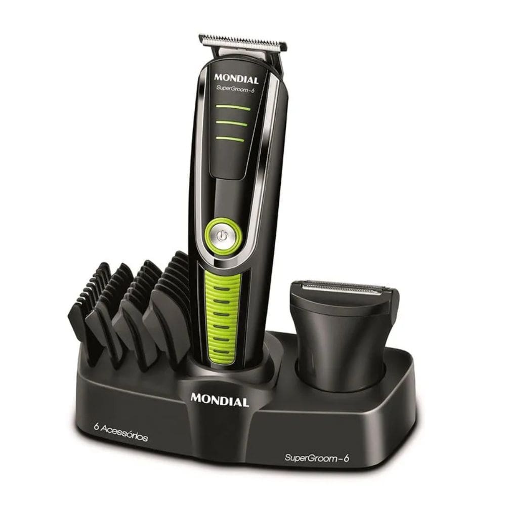 Aparador de Pelos Mondial Super Groom 06 6 em 1 Lâminas em Aço Inox 6W Preto/Verde Bivolt - BG-04