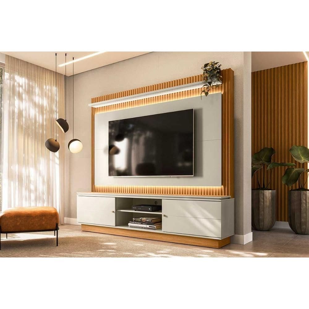 Estante p/ Sala até 75 Pol Guararapes Ripado c/ 2 Portas 2 Prateleiras c/ Pés e Leds 215x196cm Nature/Off White - Linea Brasil