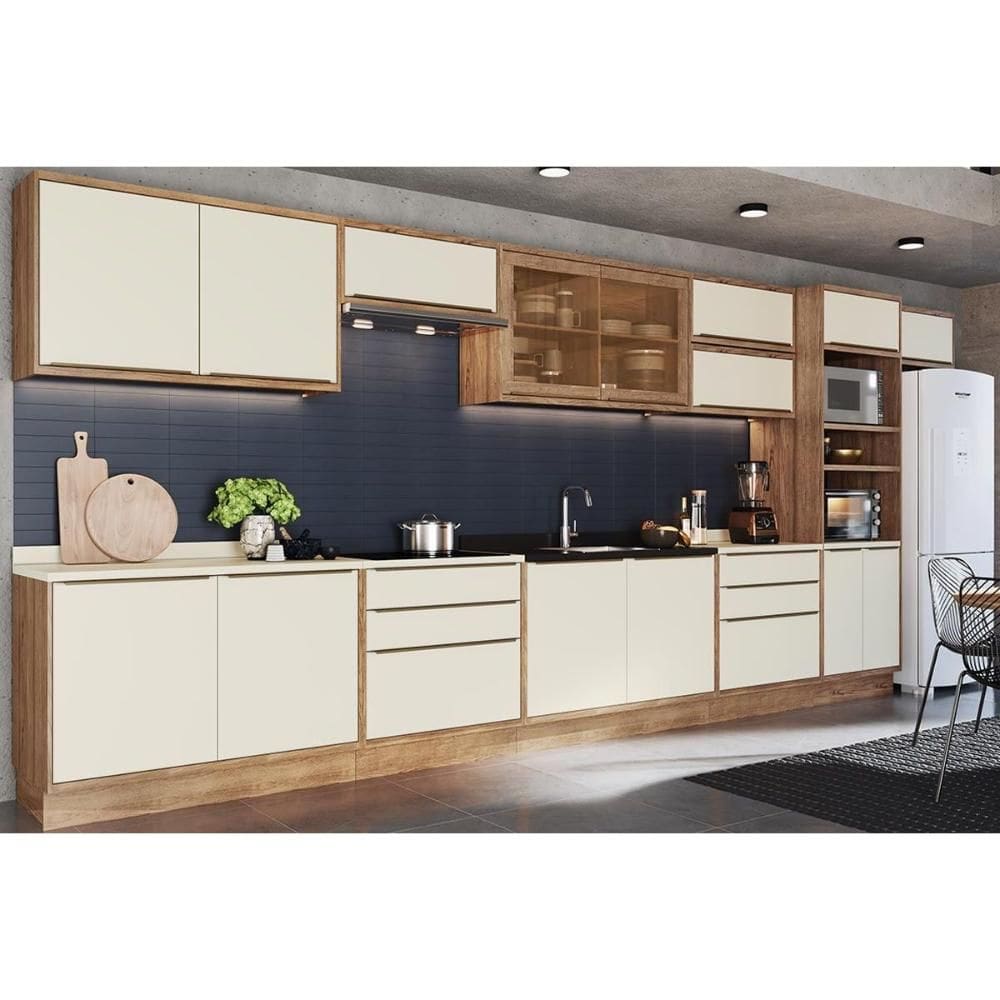 Cozinha Modulada Henn Americana Versalis 14 Peças (6Aéreos+4Balcões+1TorreQuente+3Complementos) C14P165 Freijo/Cinza Argila-Herval