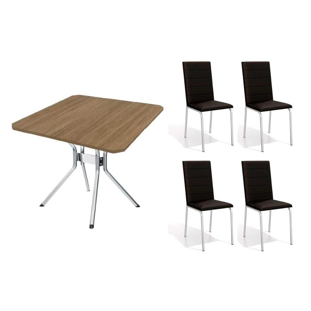 Conjunto: Mesa de Cozinha Loire c/ Tampo de Madeira 90cm + 4 Cadeiras Amsterdã Cromada - Corano Preto - Kappesberg