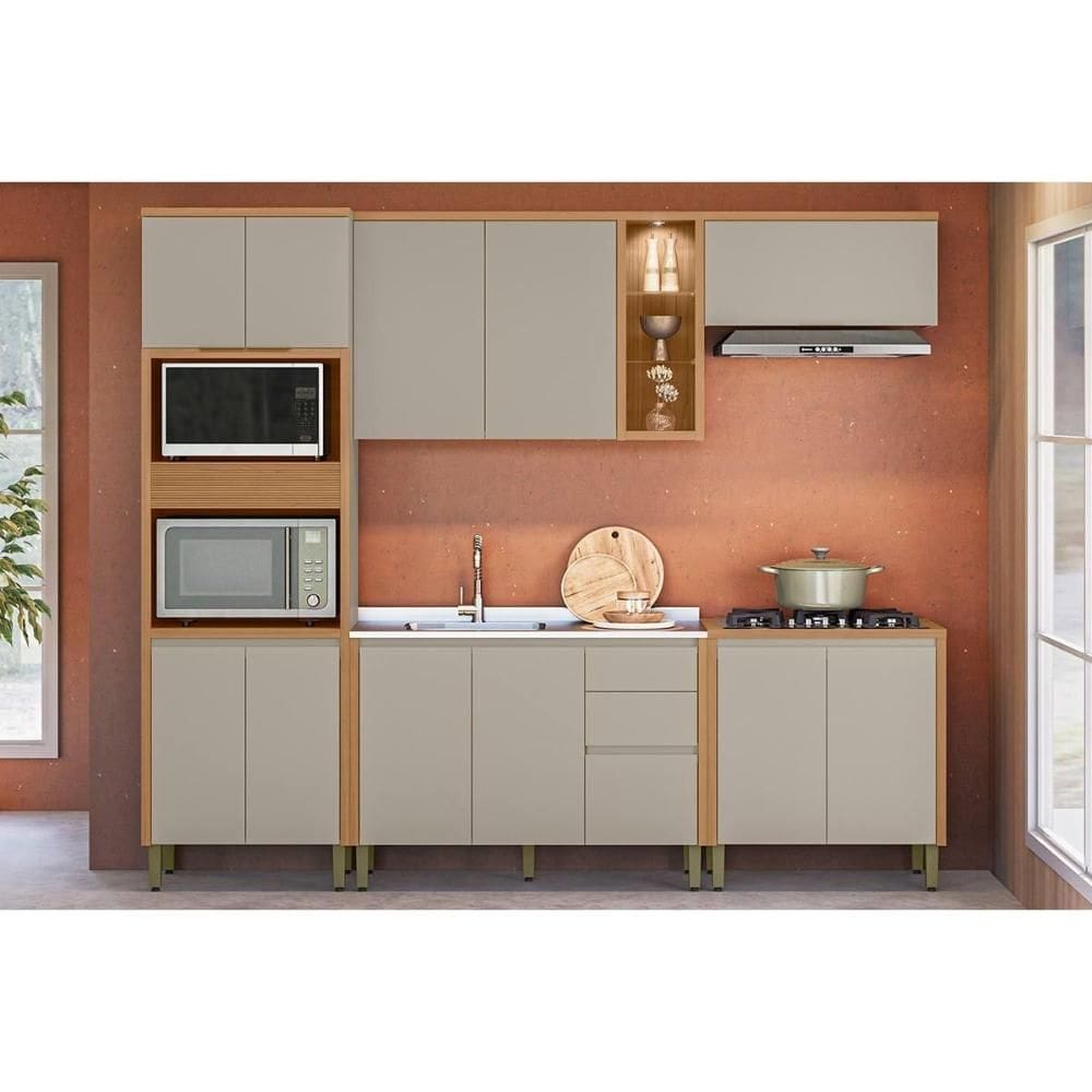Kit de Cozinha Completa 5 Peças Allure (2Aéreos+2Balcões+1TorreQuente) CP13 Jequitiba/Gris Fosco - Linea Brasil