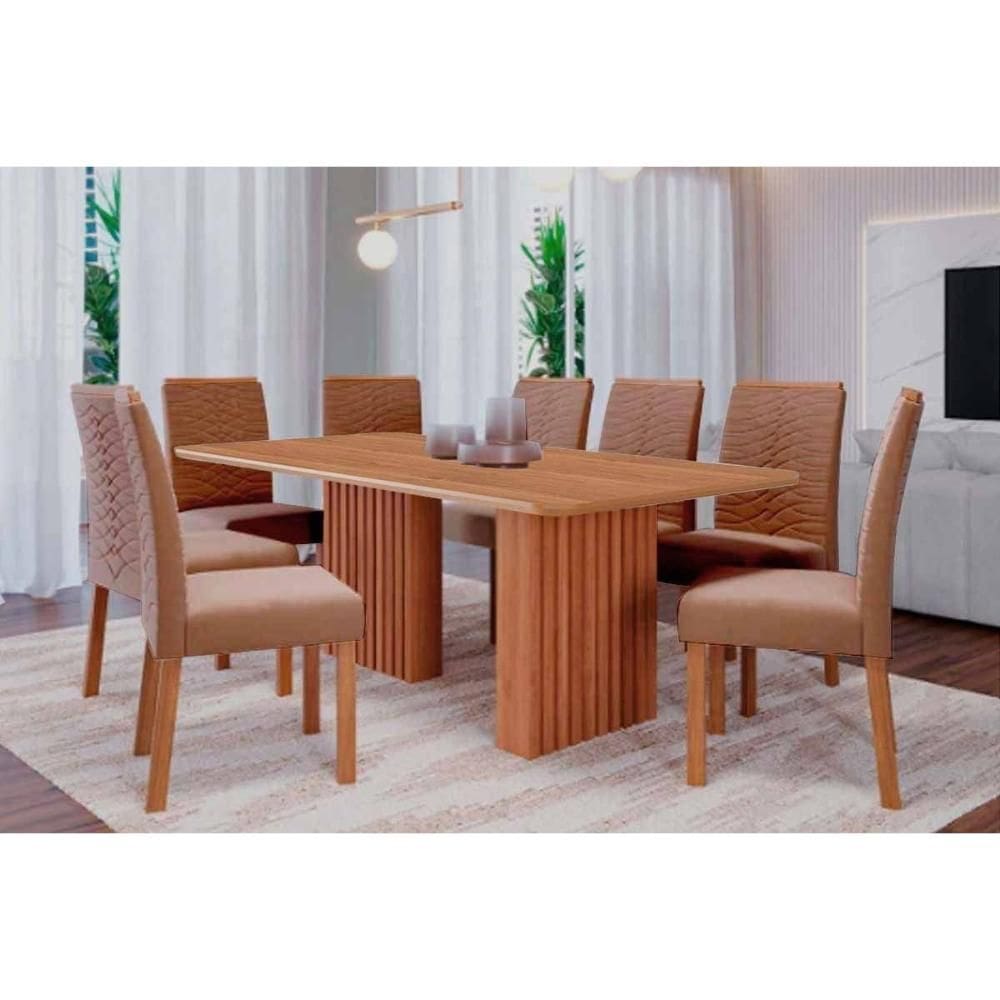 Conjunto: Mesa Sala Jantar Ester Tampo Madeirado 210x100cm e 8 Cadeiras Clarice Cinamomo - Carvalho/Suede Joli Capuccino - Cimol