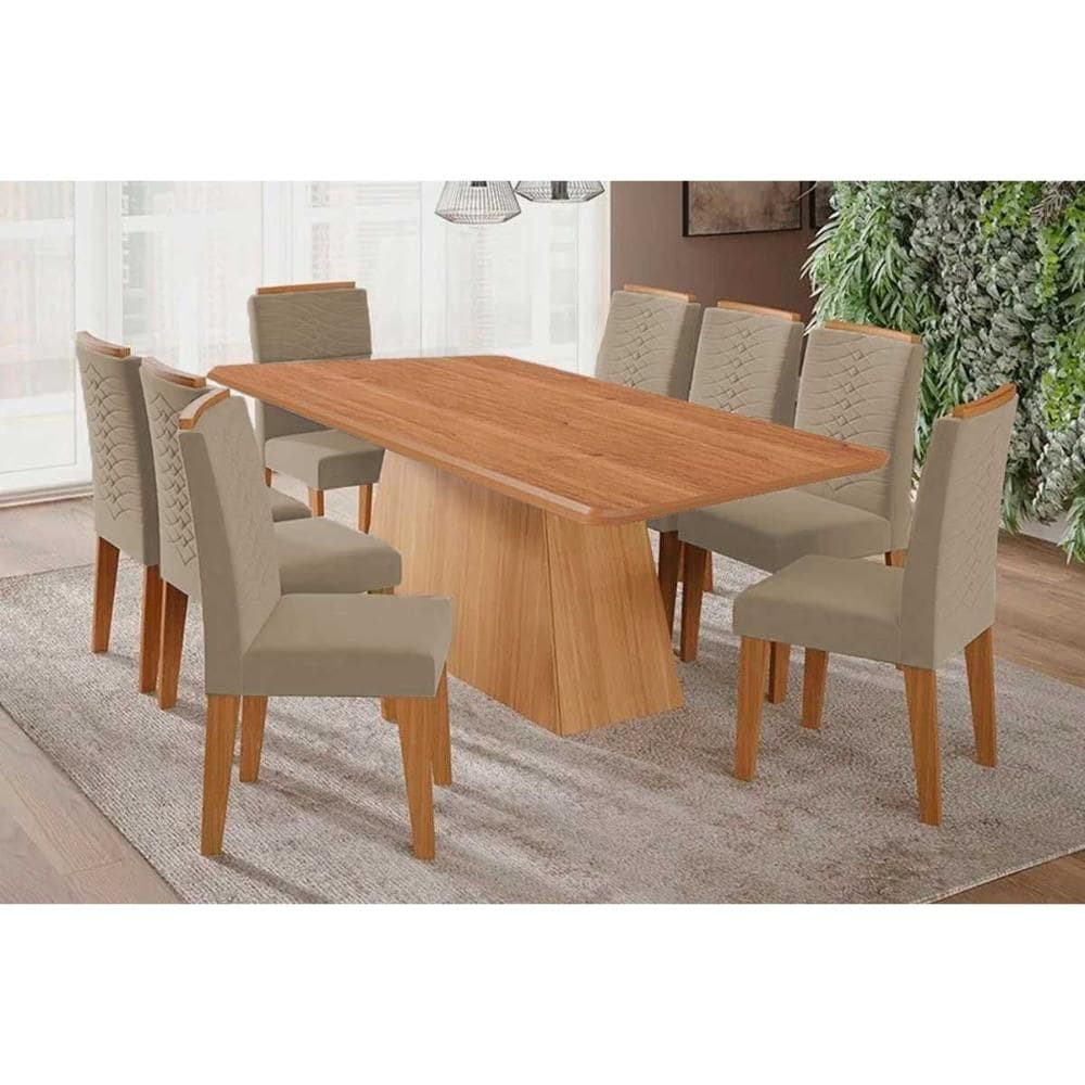 Conjunto: Mesa Sala Jantar Helena Tampo Madeirado 210x100cm e 8 Cadeiras Clarice Cinamomo - Carvalho/Linho Bege - Cimol