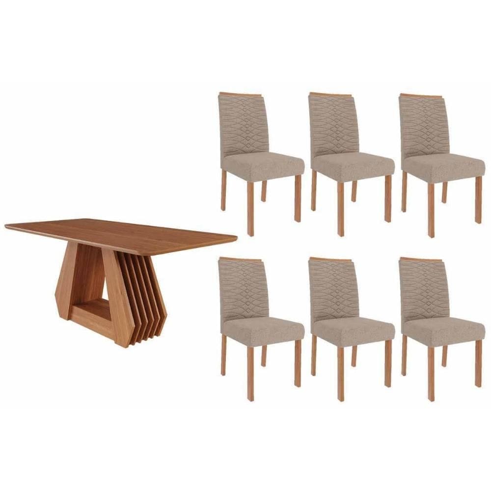 Conjunto: Mesa de Cozinha Ágata Tampo Madeirado 180x90cm e 6 Cadeiras Clarice Cinamomo - Carvalho/Linho Bege - Cimol