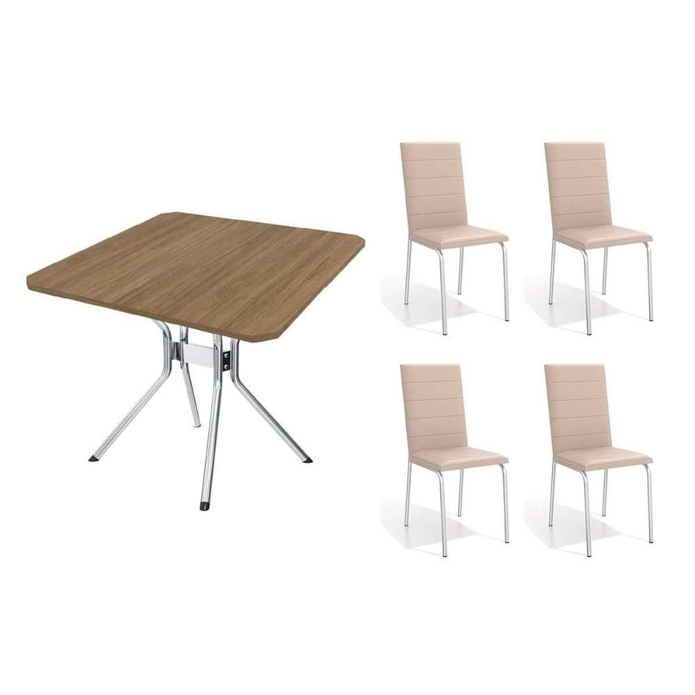 Conjunto: Mesa de Cozinha Loire c/ Tampo de Madeira 90cm + 4 Cadeiras Amsterdã Cromada/Nude 16 - Kappesberg