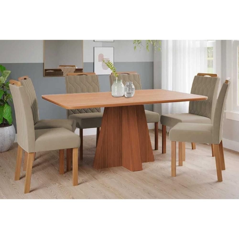 Conjunto: Mesa de Cozinha Maitê Tampo Madeirado 160x80cm e 6 Cadeiras Paola Cinamomo - Carvalho/Linho Bege - Cimol