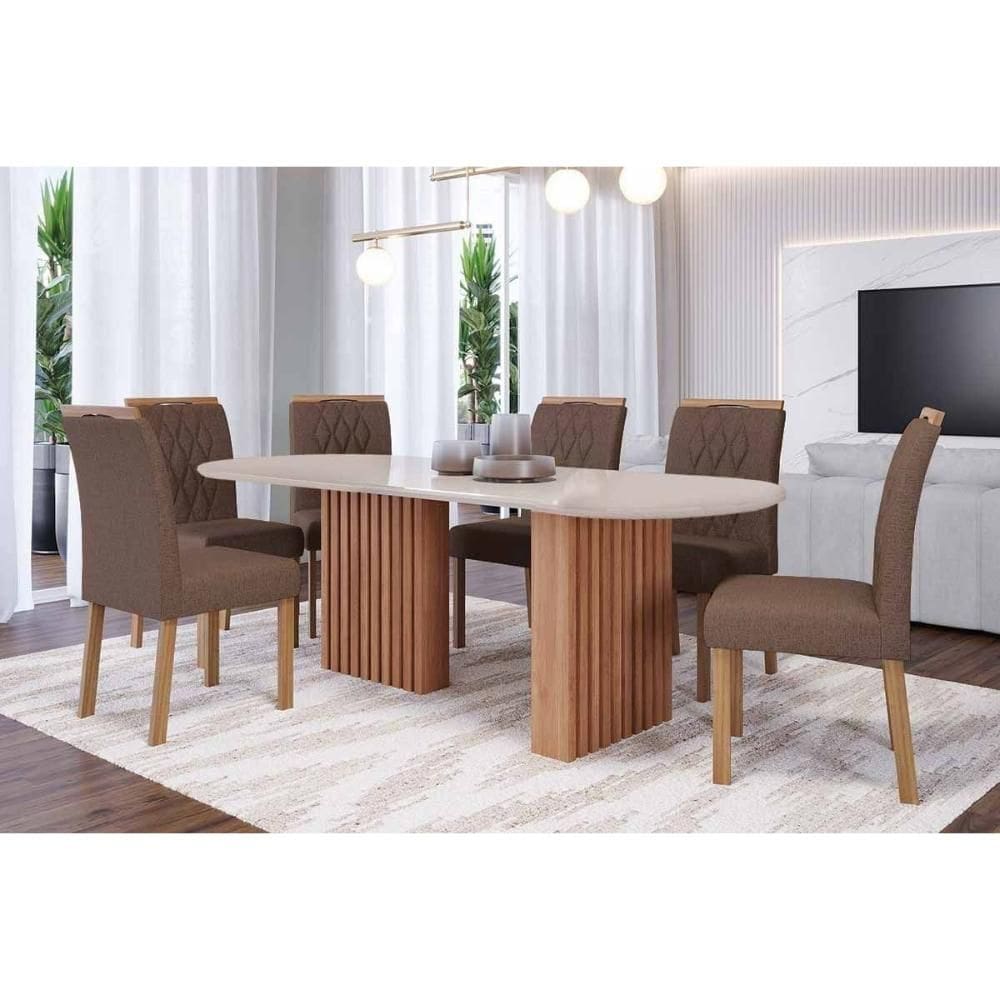 Mesa Cozinha Ester Tampo Madeirado Oval c/ Vidro 210x100cm e 6 Cadeiras Juliana Cinamomo/Off White - Madeirado/Suede Jo-Cimol