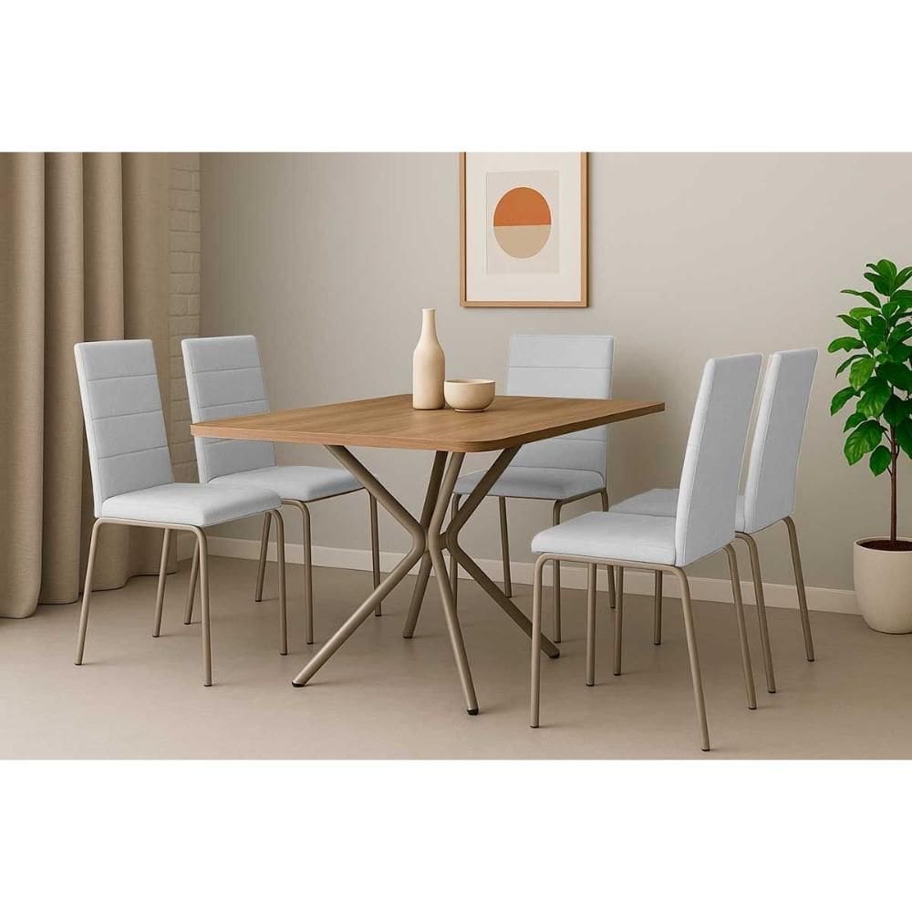 Conjunto: Mesa de Cozinha Loire c/ Tampo de Madeira 1.60cm + 6 Cadeiras Amsterdã Niquel/Branco 106 - Kappesberg