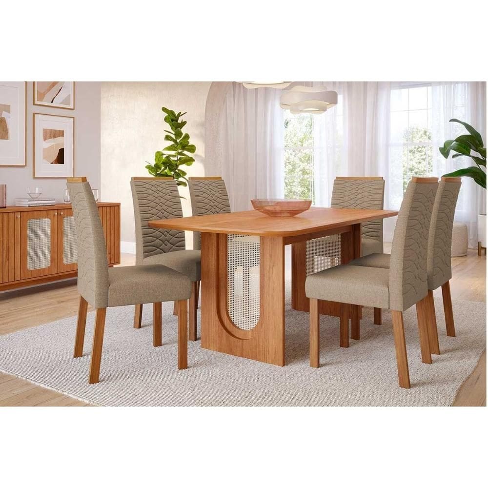 Conjunto: Mesa de Cozinha Valentina Tampo Madeirado 180x90cm e 6 Cadeiras Clarice Cinamomo - Carvalho/Linho Bege - Cimol