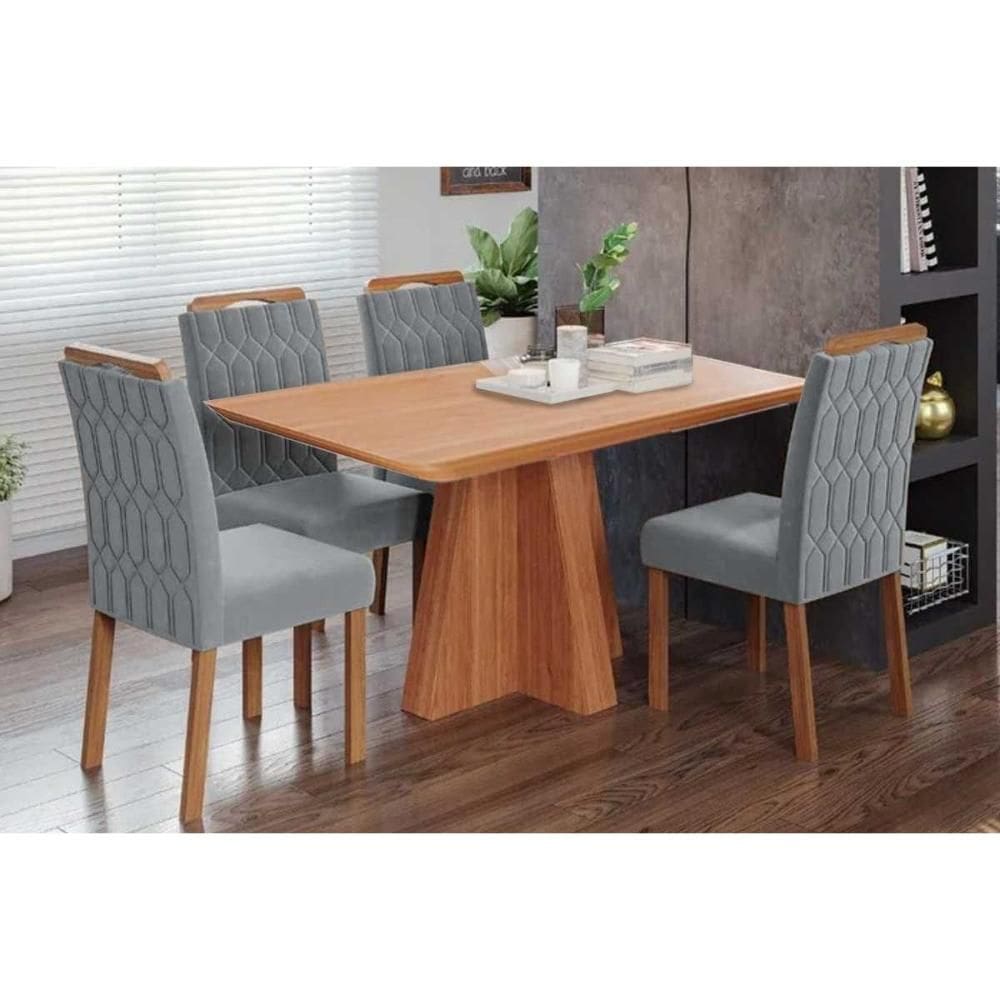 Conjunto: Mesa de Cozinha Maitê Tampo Madeirado 130x80cm e 4 Cadeiras Paola Cinamomo - Carvalho/Linho Grafite - Cimol