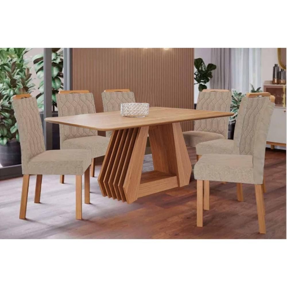 Conjunto: Mesa de Cozinha Ágata Tampo Madeirado 180x90cm e 6 Cadeiras Paola Cinamomo - Carvalho/Linho Bege - Cimol