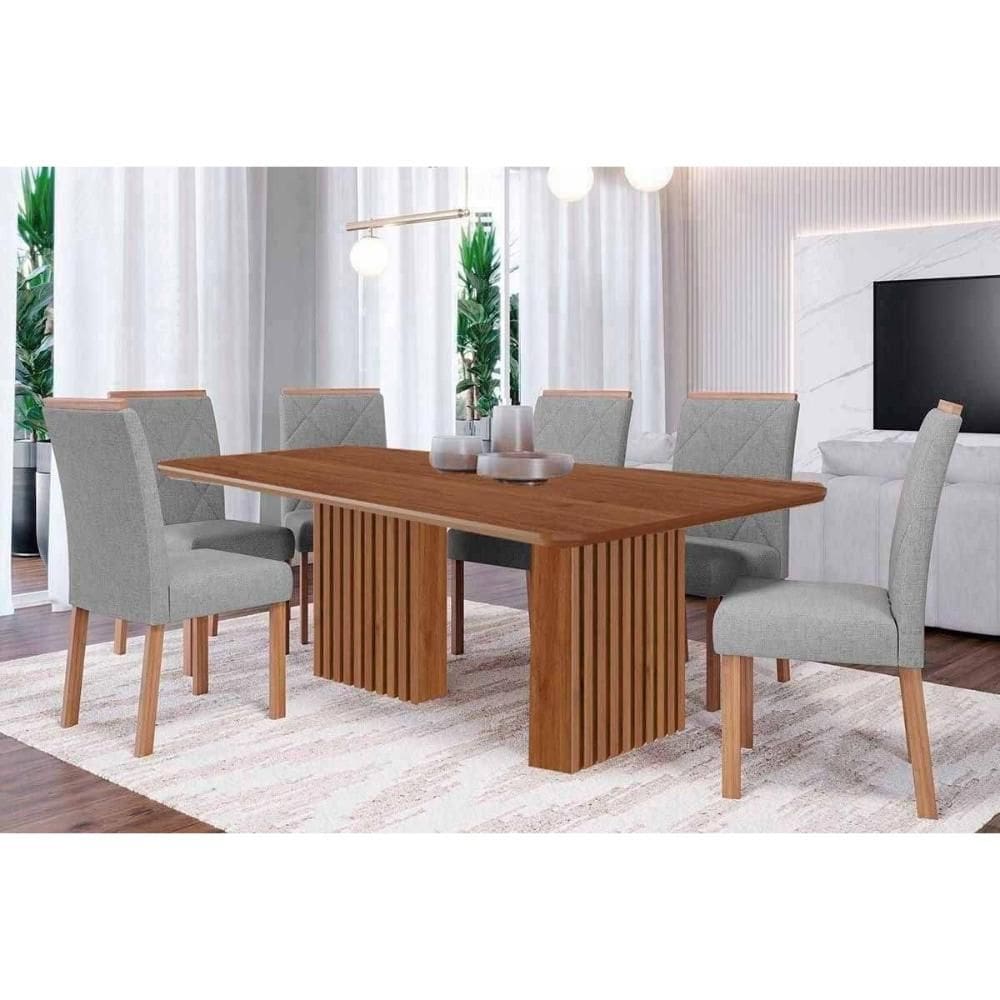 Conjunto: Mesa de Cozinha Ester Tampo Madeirado 180x90cm e 6 Cadeiras Fernanda Cinamomo - Carvalho/Linho Grafite - Cimol