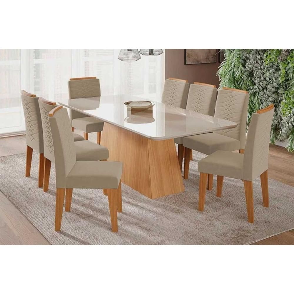Conjunto: Mesa Sala Jantar Helena Tampo Madeirado c/ Vidro 210x100cm e 8 Cadeiras Clarice Cinamomo/Off White - Carvalho/Linho Bege - Cimol
