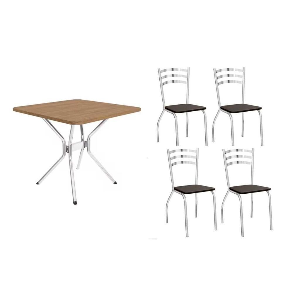 Conjunto: Mesa de Cozinha Loire c/ Tampo de Madeira 90cm + 4 Cadeiras Portugal Cromada - Corano Preto - Kappesberg