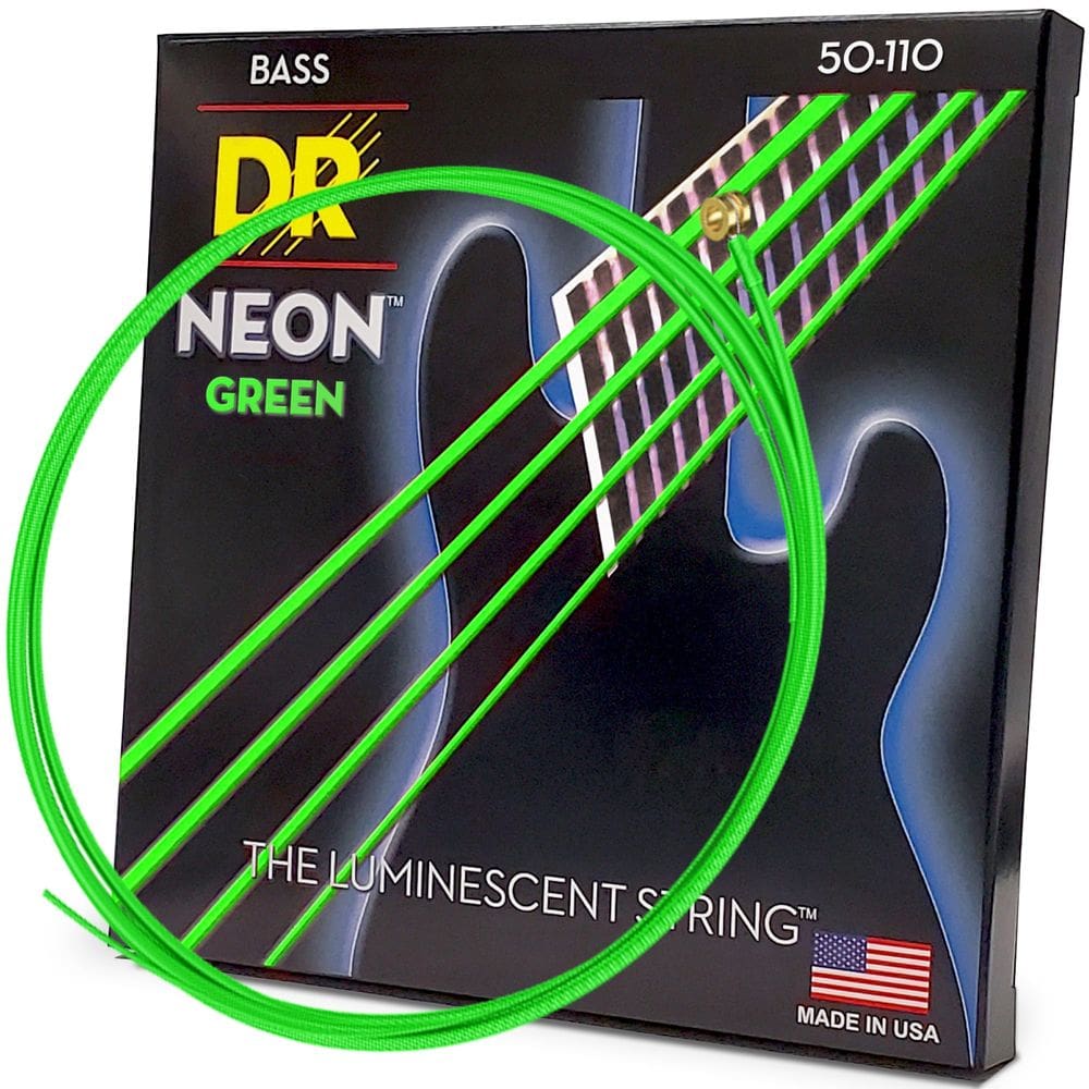 Cordas de baixo DR Strings Hi-Def NEON com revestimento verde de 4 cordas