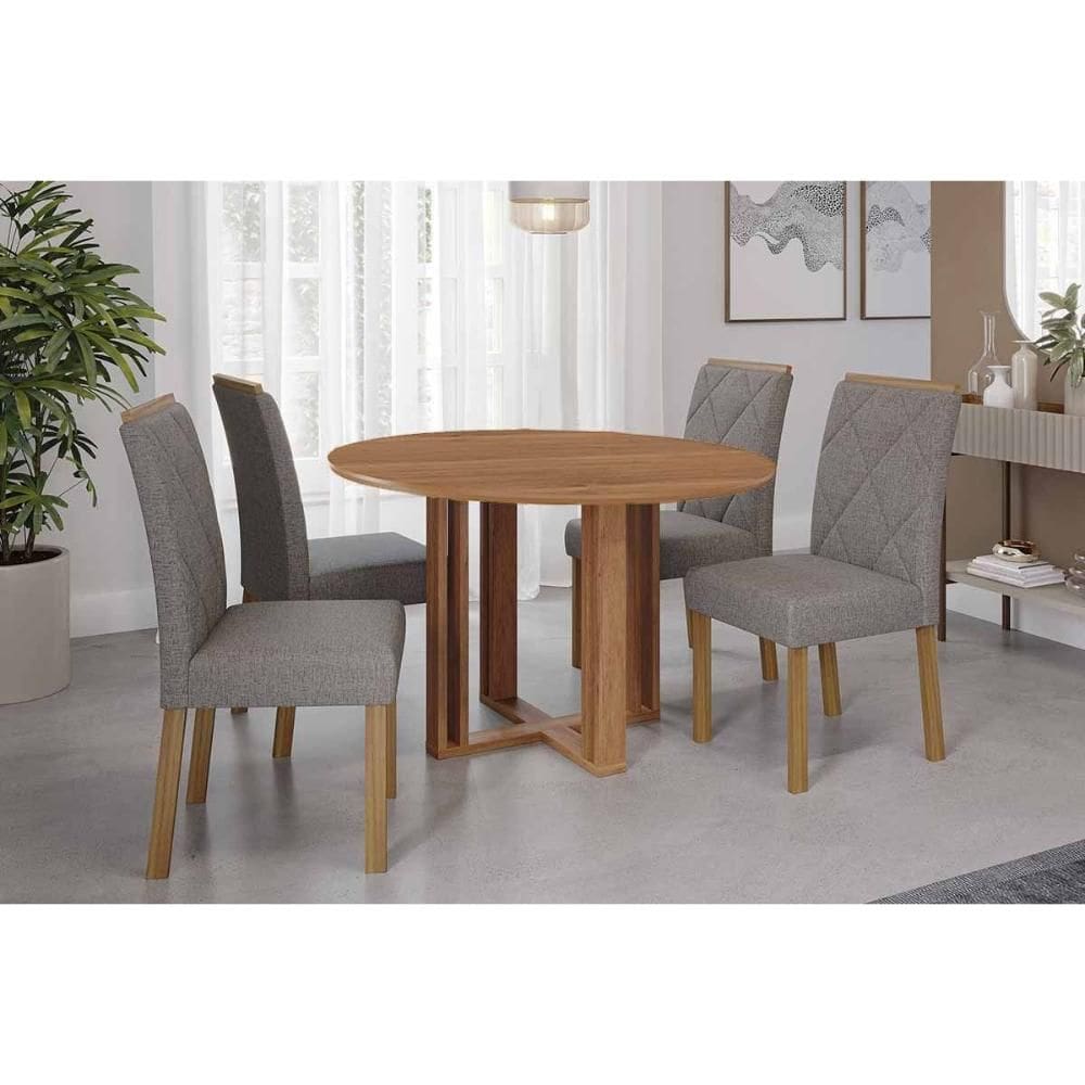 Conjunto: Mesa de Cozinha Flora Tampo Madeirado 109cm e 4 Cadeiras Fernanda Cinamomo - Carvalho/Linho Grafite - Cimol