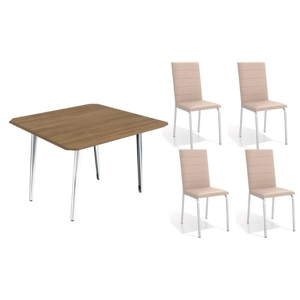 Conjunto: Mesa de Cozinha Iguaçu c/ Tampo de Madeira 90cm + 4 Cadeiras Amsterdã Cromada/Nude 16 - Kappesberg