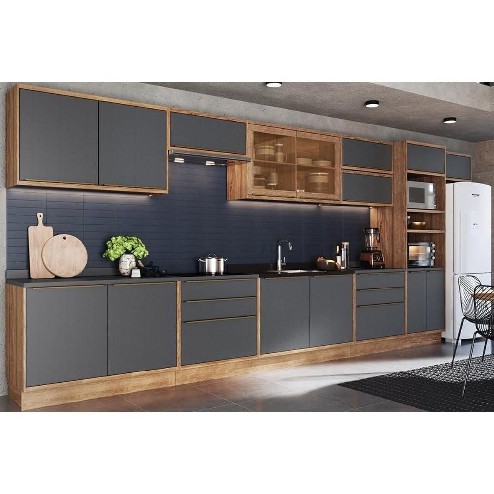 Cozinha Modulada Henn Americana Versalis 14 Peças (6Aéreos+4Balcões+1TorreQuente+3Complementos) C14P165 Freijo/Grafite-Herval