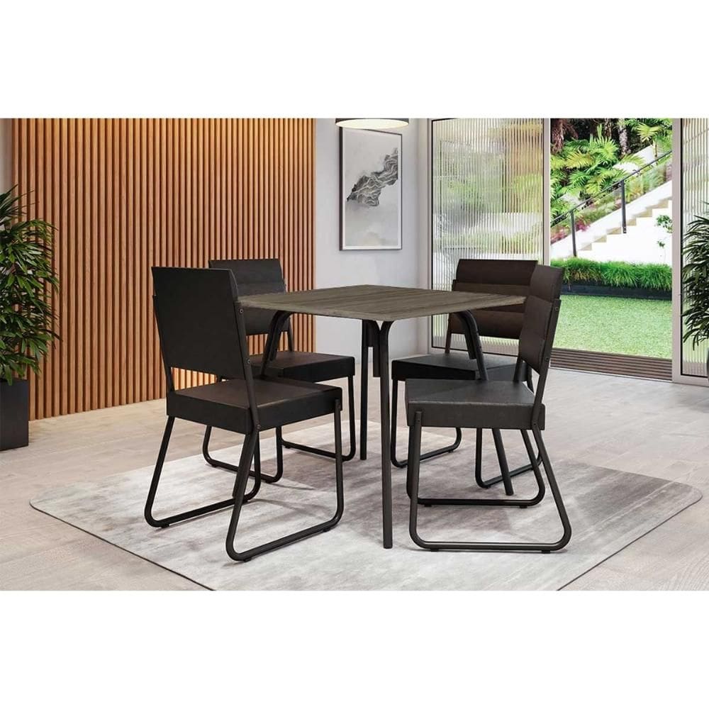 Conjunto: Mesa de Cozinha 1569 Aço c/ Tampo Madeirado 90x90cm e 4 Cadeiras 1736 Preto/Legno - Preto - Carraro