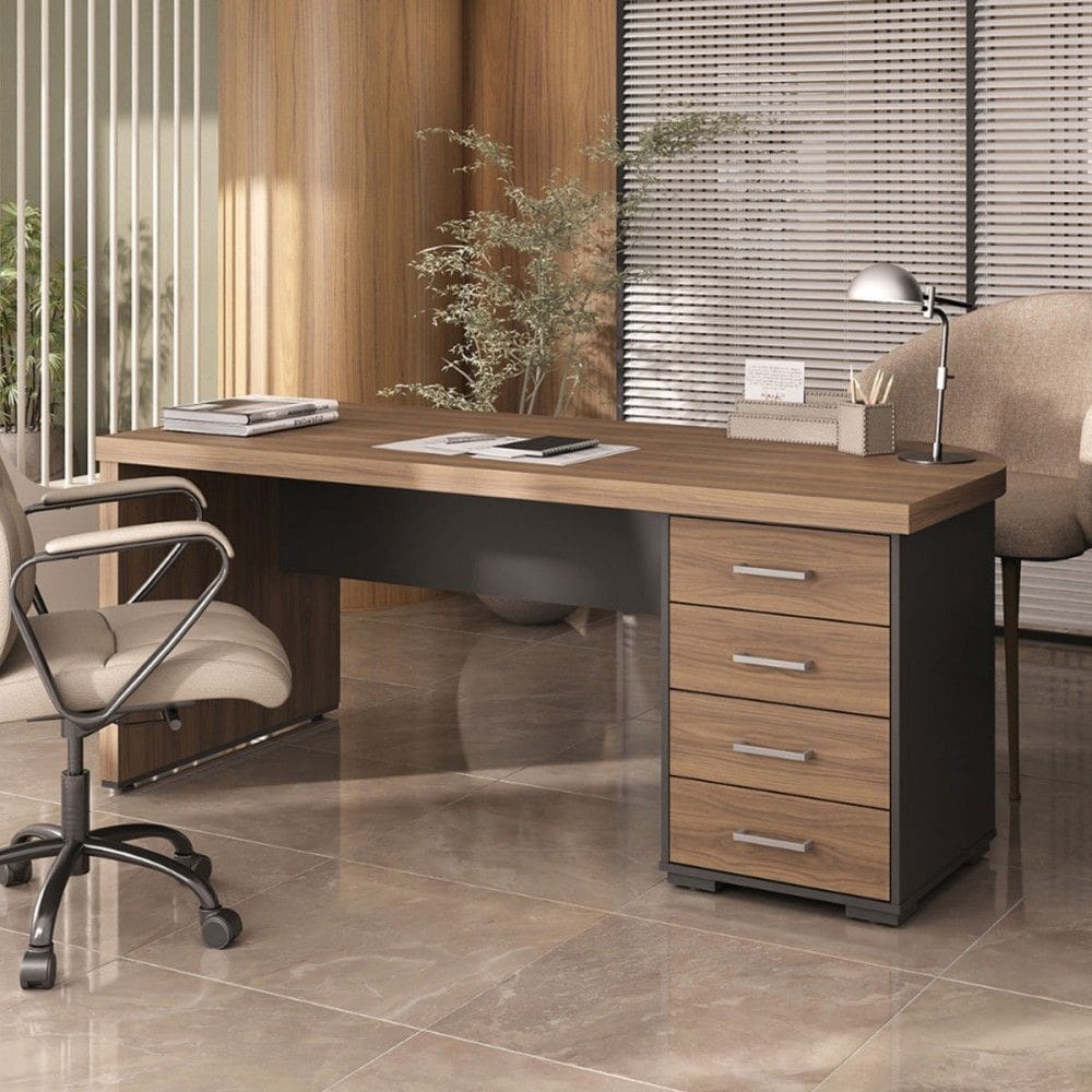Mesa para Escritório Tamburato 4 Gavetas Nogal/Preto 6126 - Artany Móveis