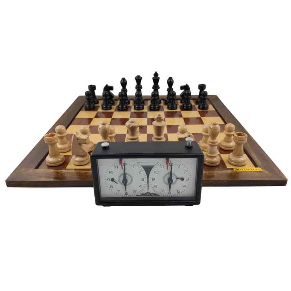 Tabuleiro Xadrez Luxo + Peças em Madeira Nobre + Relógio Analógico - 1021621