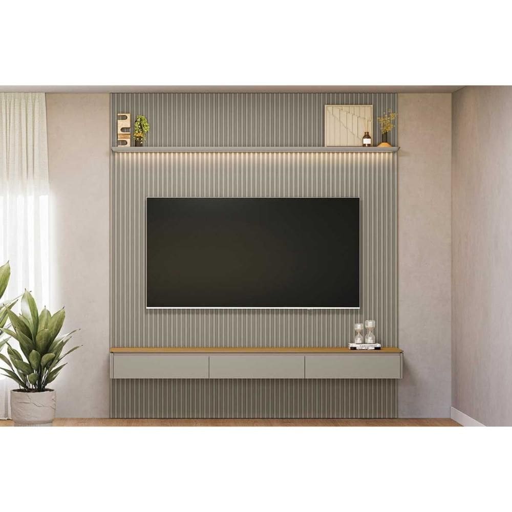 Estante p/ Sala até 85 Pol Modular 2.2 Ripado c/ 2 Portas 1 Prat. 219x250cm Tauari/Gris Fosco - Linea Brasil