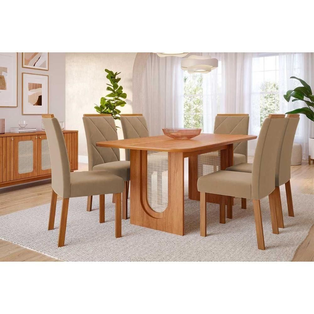 Conjunto: Mesa de Cozinha Valentina Tampo Madeirado 180x90cm e 6 Cadeiras Fernanda Cinamomo - Carvalho/Linho Bege - Cimol