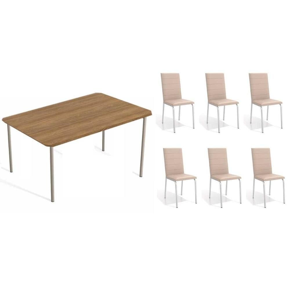 Conjunto: Mesa Sala Jantar Sena c/ Tampo de Madeira 1.60cm + 6 Cadeiras Amsterdã Niquel/Corano Bege - Kappesberg
