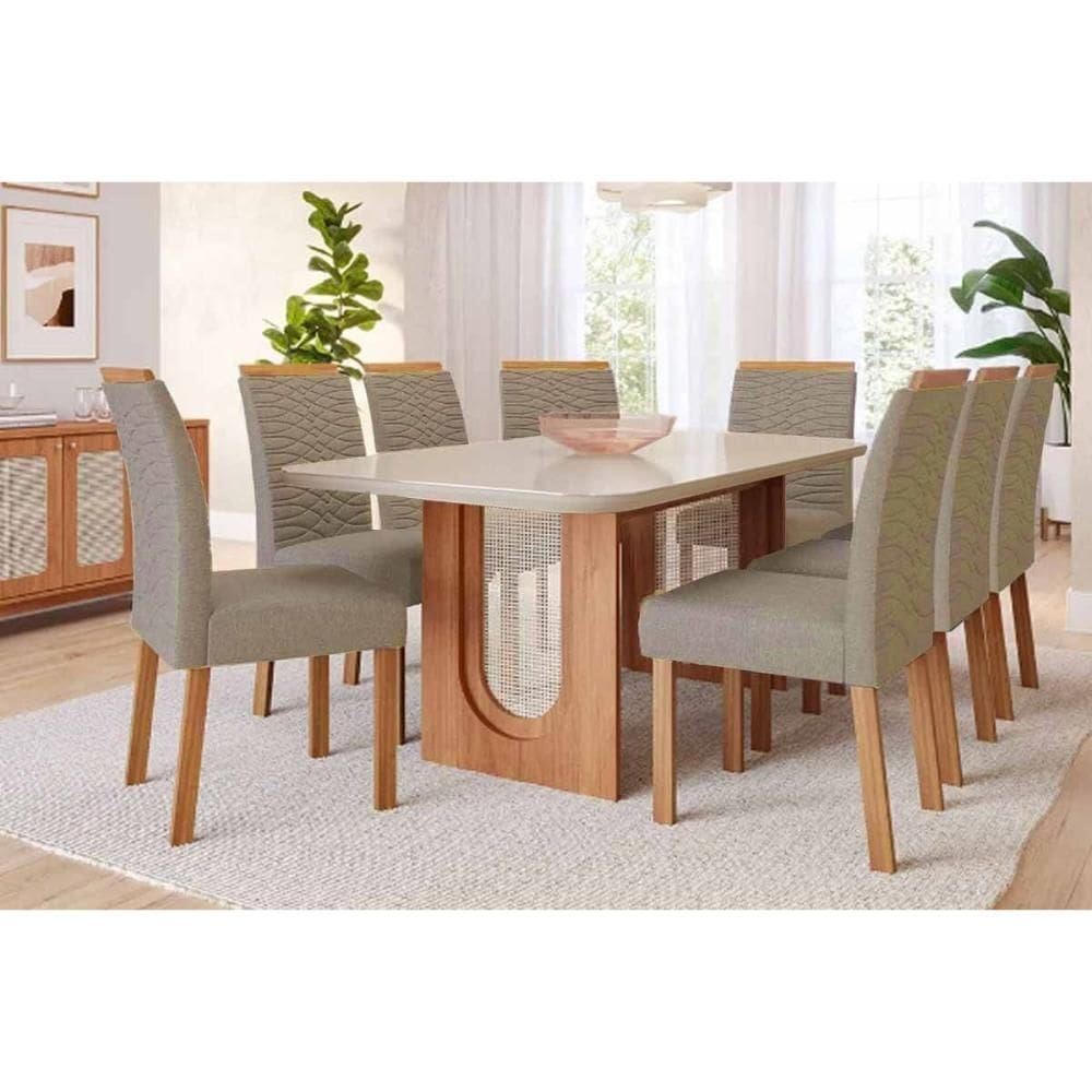 Conjunto Mesa Valentina c/ Tampo Madeirado c/ Vidro 210x100cm e 8 Cadeiras Clarice Cinamomo/Off White - Madeirado/Suede Jo-Cimol