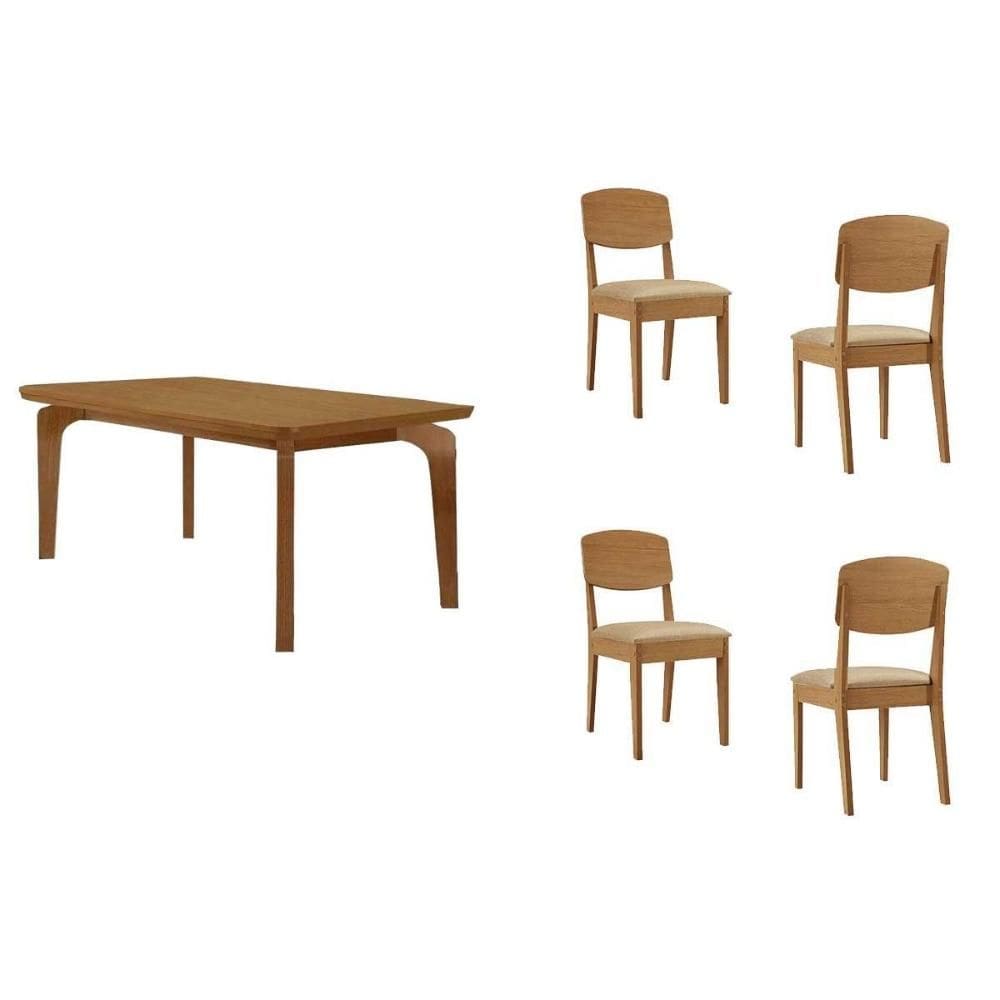 Conjunto: Mesa de Cozinha Londrina c/ Tampo Madeirado c/ Vidro Canto Curvo 120x80cm 4 Cadeiras Havana Naturale/Off White - Suede Creme - Rufato