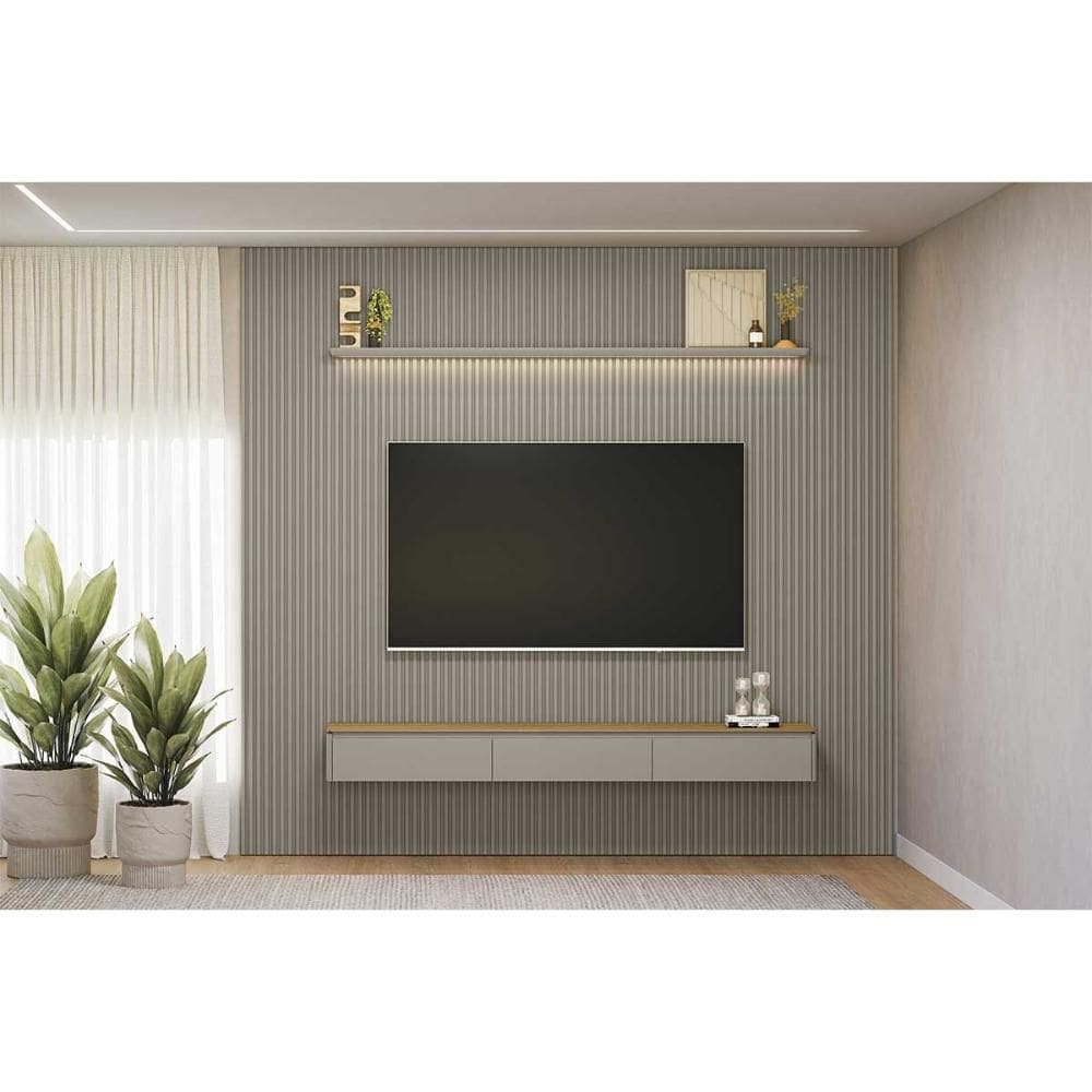 Rack Bancada c/ Painel p/ TV até 100 Pol Modular 3.0 Ripado 3 Porta. 1 Prat. 2.97x2,50cm Tauari/Gris Fosco - Linea Brasil