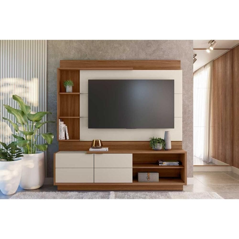 Rack Bancada c/ Painel p/ TV até 60 Pol Atlanta 2Potas 4Prateleiras e Pés 180x191cm Jatoba/Off White - Linea Brasil