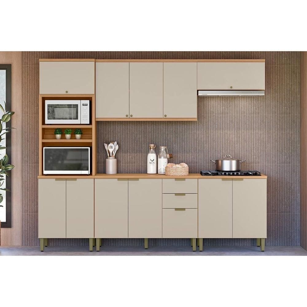 Cozinha Modulada Completa Selene 5 Peças (2Aéreos+2Balcões+1Paneleiro) CP04 Jequitiba/Off White Fosco - Linea Brasil