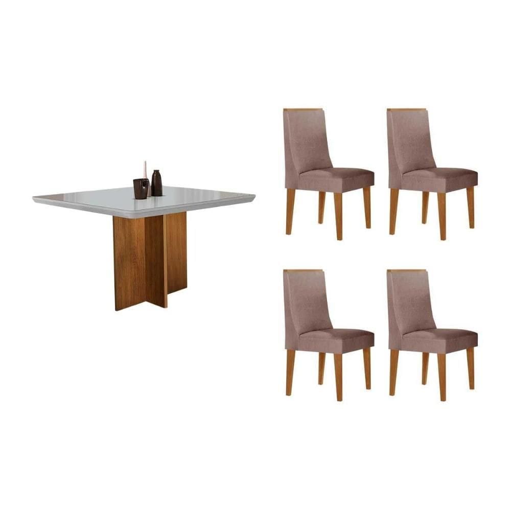 Conjunto: Mesa de Cozinha Berlim c/ Tampo Madeirado c/ Vidro Canto Curvo 90x90cm e 4 Cadeiras Dakota Naturale/Off White - Linho Capuccino - Rufato