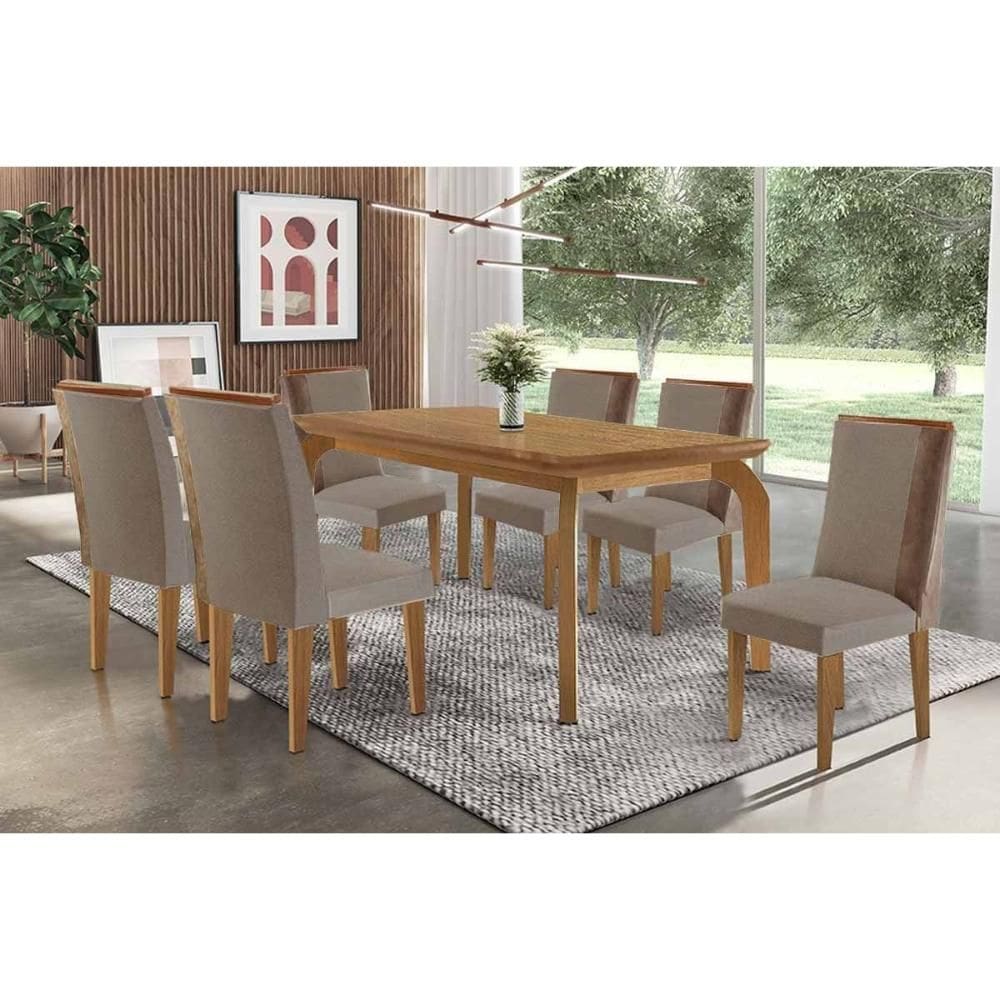 Conjunto: Mesa de Cozinha Londrina c/ Tampo Madeirado Canto Curvo 180x90cm e 6 Cadeiras Tilia Naturale - Suede Capuccino - Rufato