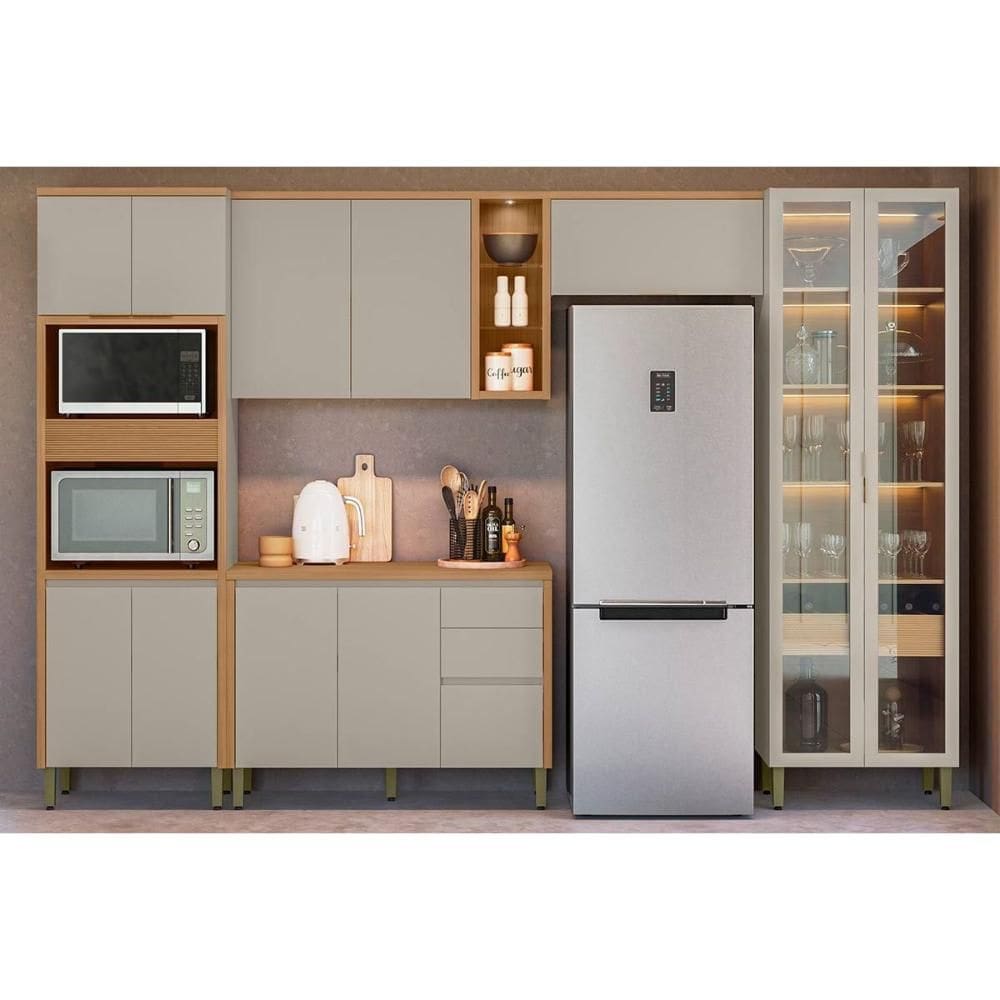 Cozinha Modulada Completa Allure 5 Peças (2Aéreos+1Balcão+1Cristaleira+1Paneleiro) CP15 Jequitiba/Gris Fosco - Linea Brasil