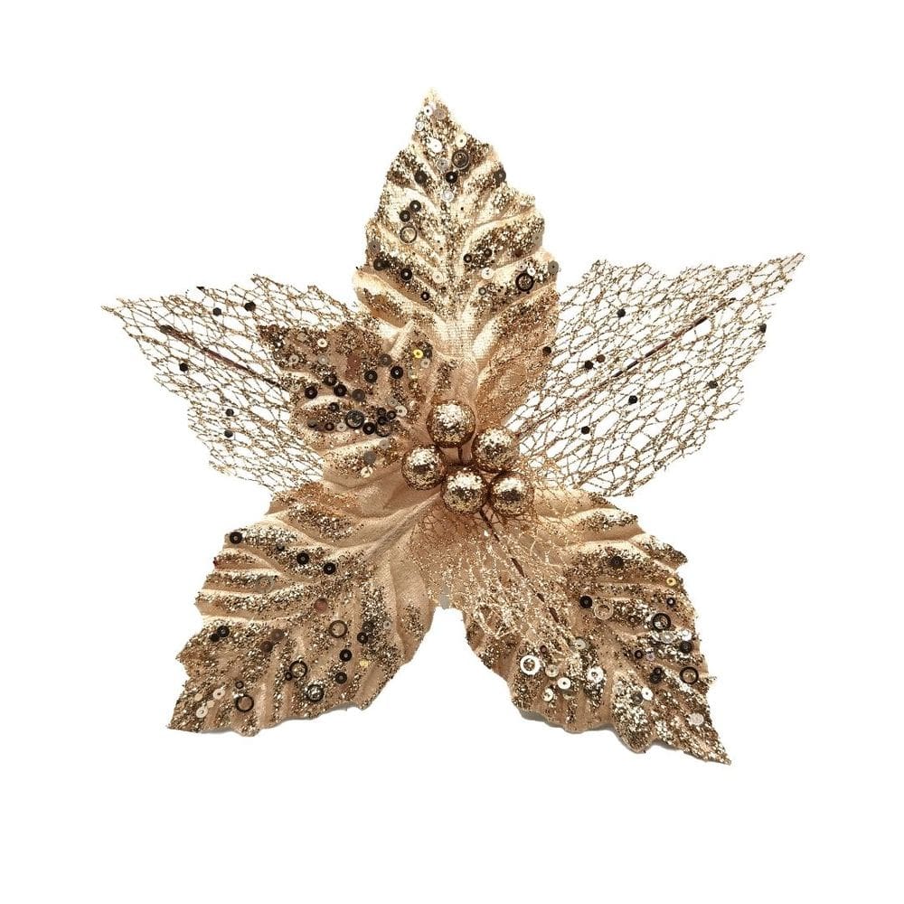 Pick Natalino Flor Bico de Papagaio Vazado em Veludo Champanhe Luxo com Glitter e Lantejoulas 22cm