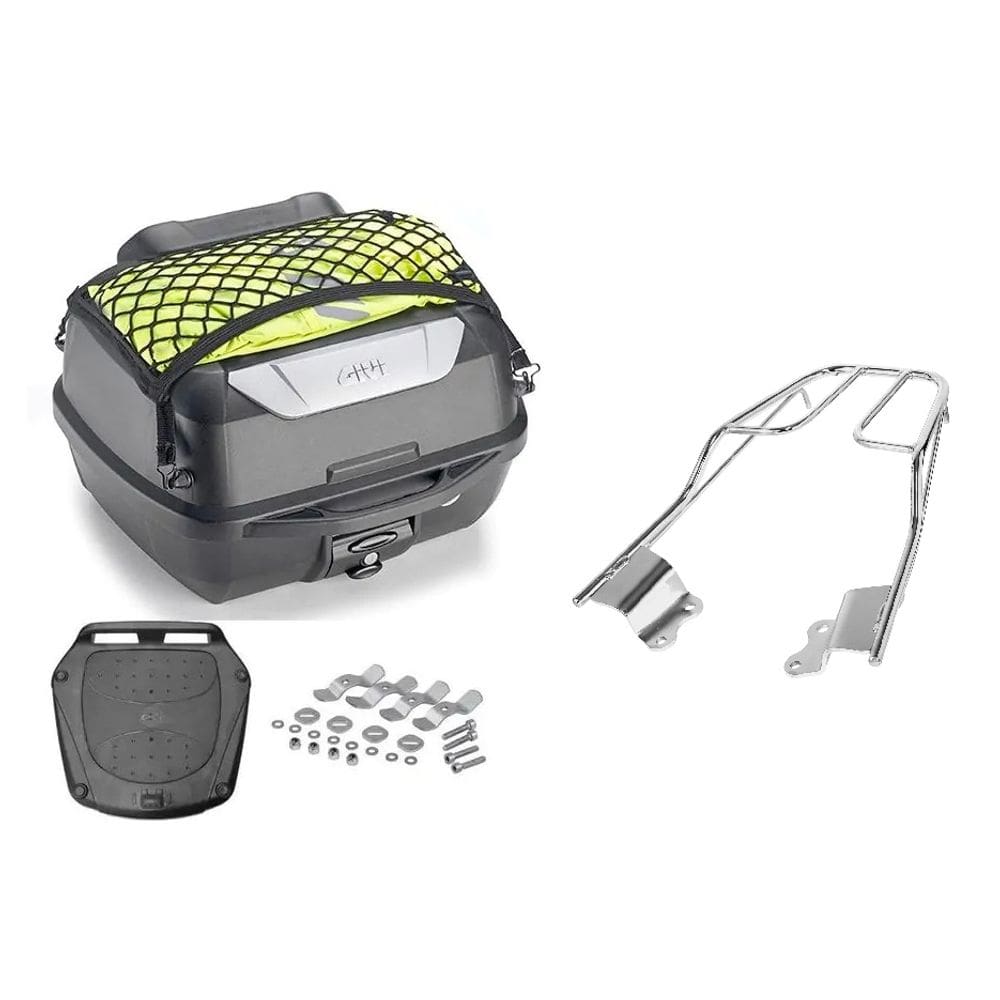 Kit Baú 43L Monolock Adventure Givi E43nbr + Bagageiro Moto Fazer 150 2015 A 2018 Cromado Projetil