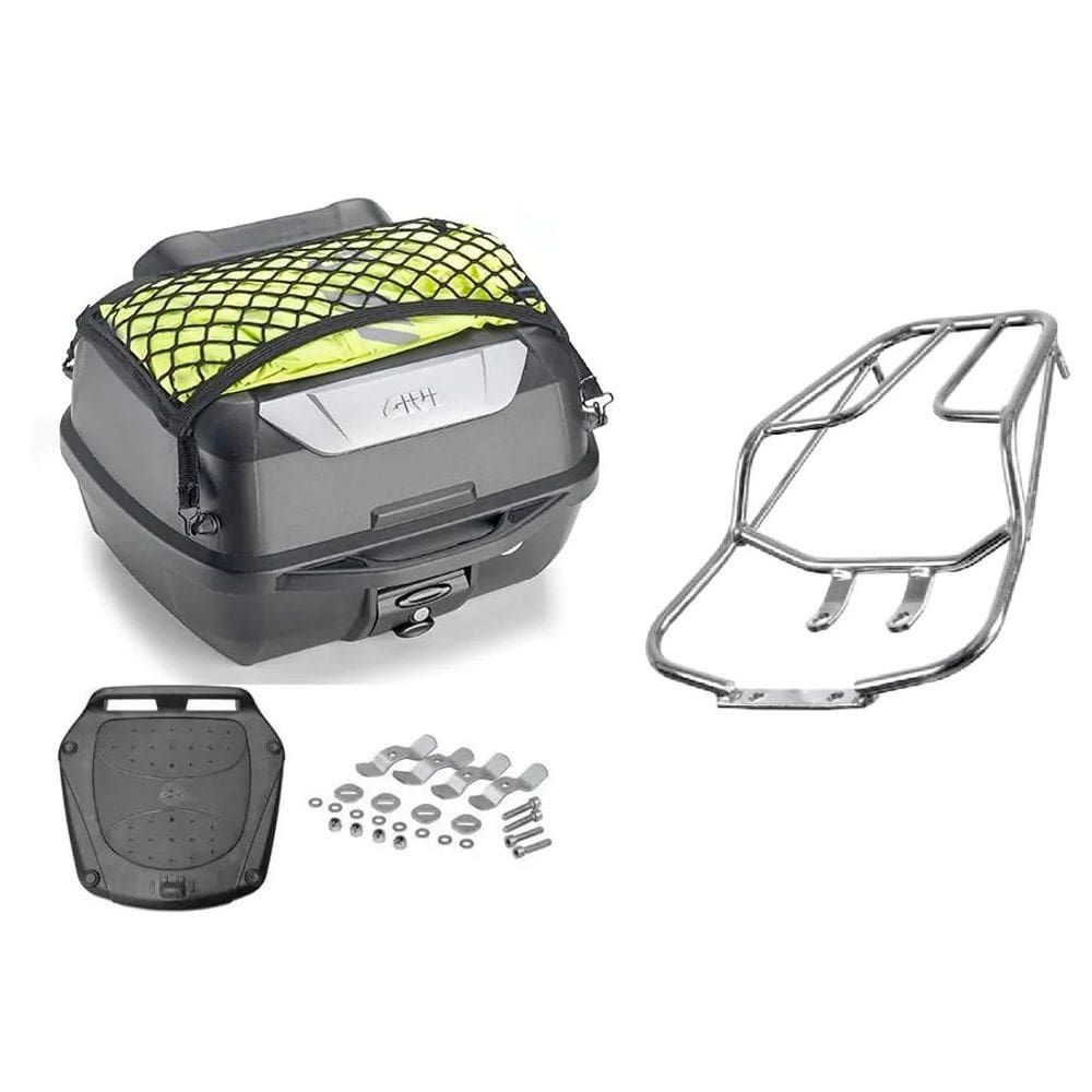 Kit Baú 43L Monolock Adventure Givi E43nbr + Bagageiro Moto Titan Fan 125 150 2009 A 2013 Cromado Tubo Projetil