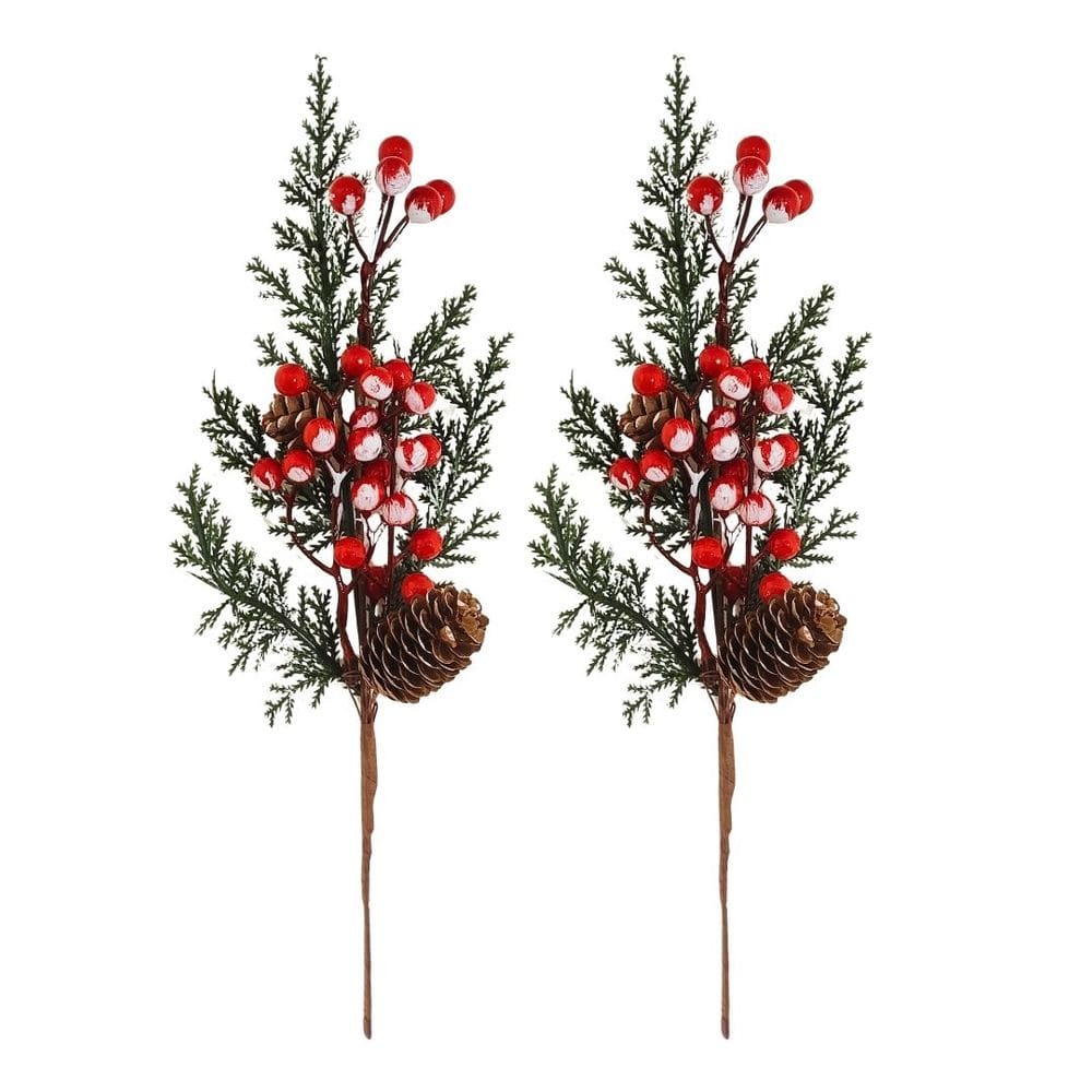 Jogo 2 Galhos Pick Decorativo Natal com Folhagens, Pinhas e Cereja Nevada 30cm