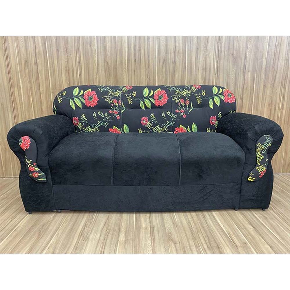 Sofá 3 Lugares Preto com Floral 601/17 Viena