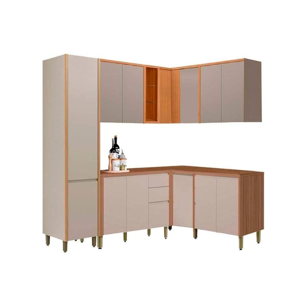 Cozinha Modulada Completa Allure 7 Peças (3Aéreos+3Balcões+1Paneleiro) CP32 Jequitiba/Gris Fosco - Linea Brasil