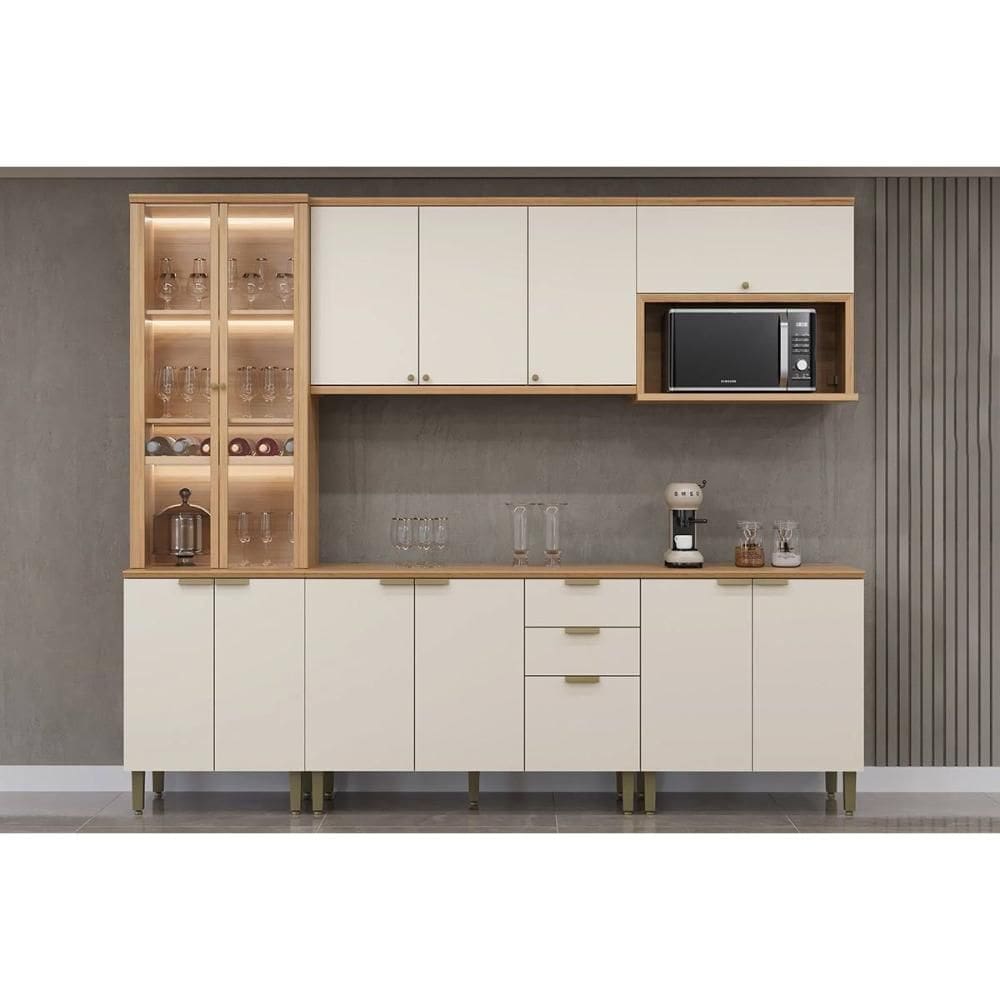 Cozinha Modulada Completa Selene 5 Peças (2Aéreos+2Balcões+1Paneleiro) CP06 Jequitiba/Off White Fosco - Linea Brasil