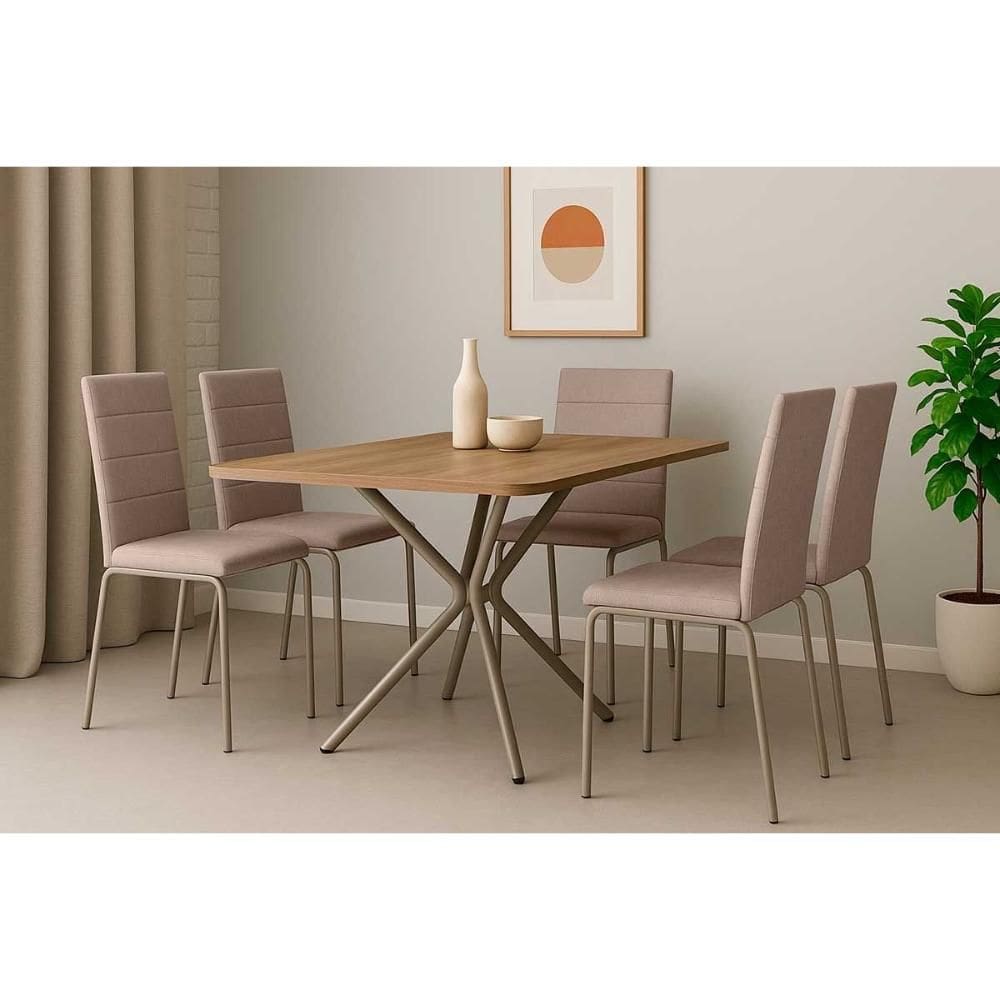 Conjunto: Mesa Sala Jantar Loire c/ Tampo de Madeira 1.60cm + 6 Cadeiras Amsterdã Niquel/Corano Bege - Kappesberg