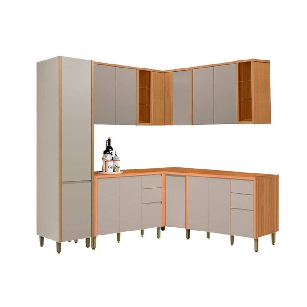 Cozinha Modulada Completa Allure 7 Peças (3Aéreos+3Balcões+1Paneleiro) CP31 Jequitiba/Gris Fosco - Linea Brasil